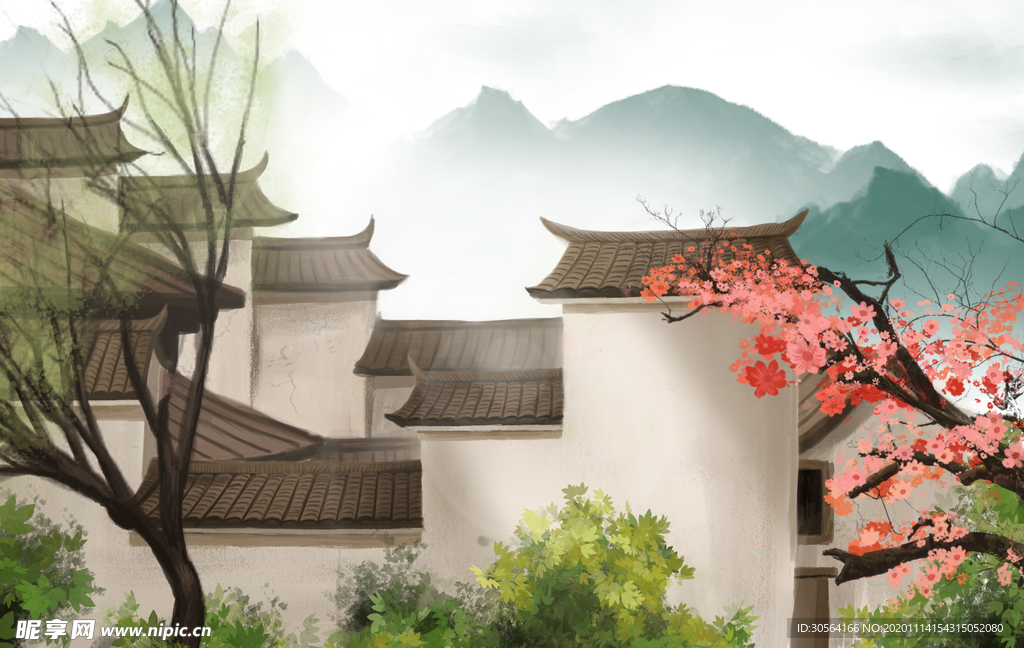 江南小镇建筑复古背景海报素材