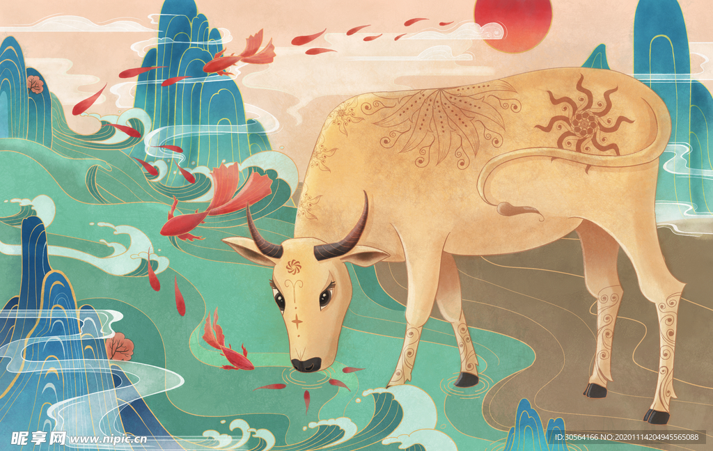 牛年传统插画复古背景海报素材