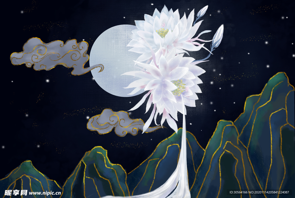 昙花山水传统复古背景海报素材