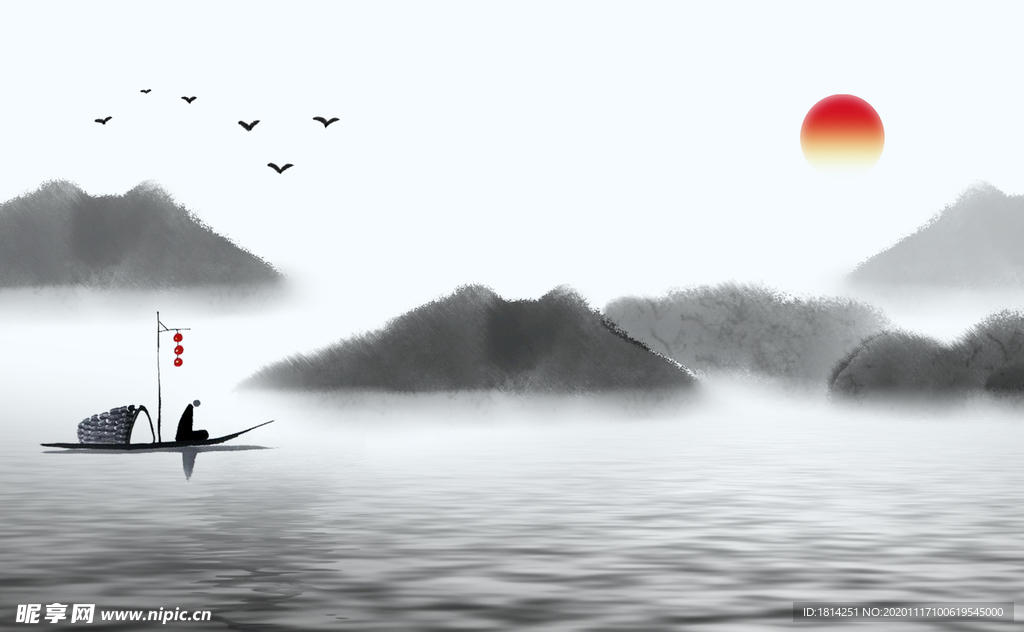 禅意中国风水墨山水画