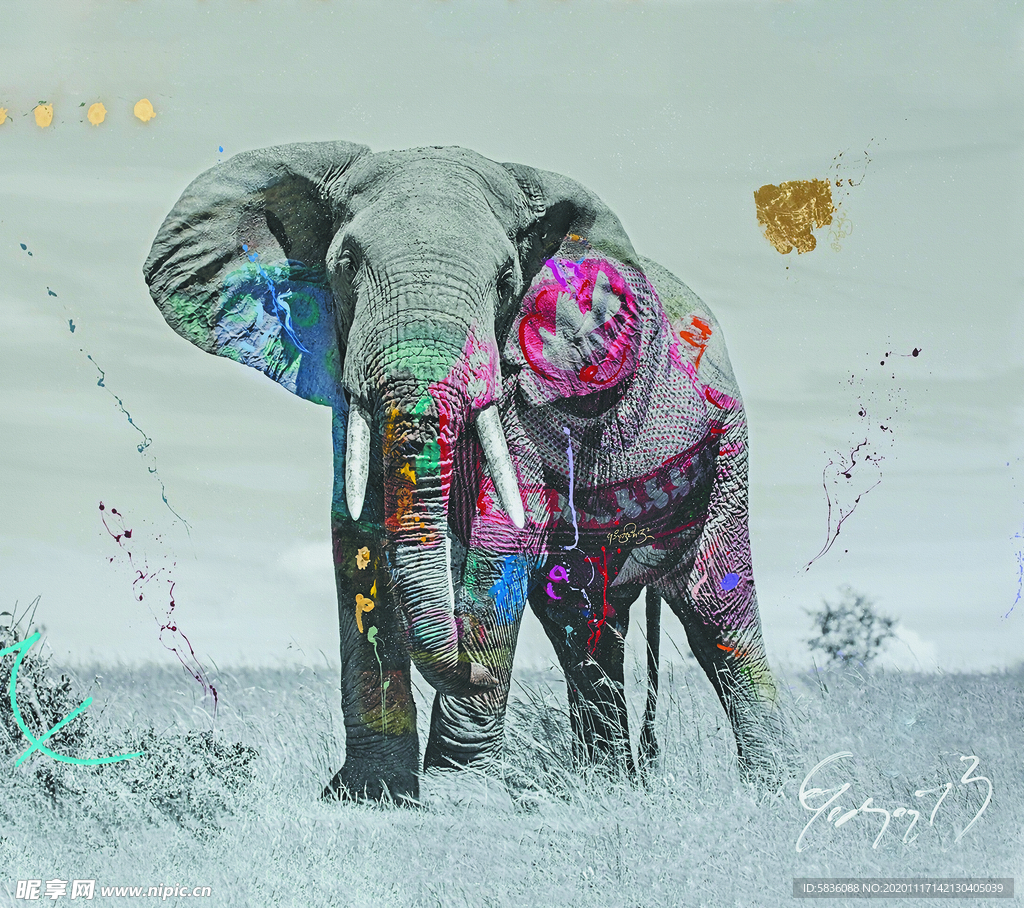 草地上的大象涂鸦画装饰背景图