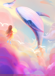 女孩日落鲸鱼与天空治愈系插画