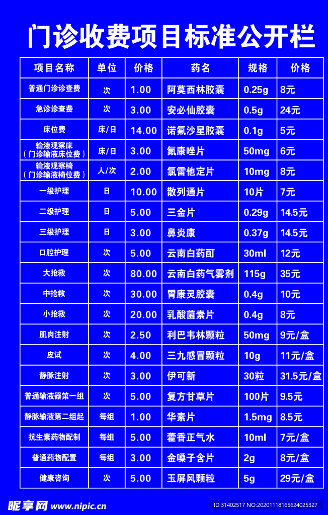 门诊医院价目表