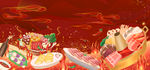红色国潮美食火锅背景