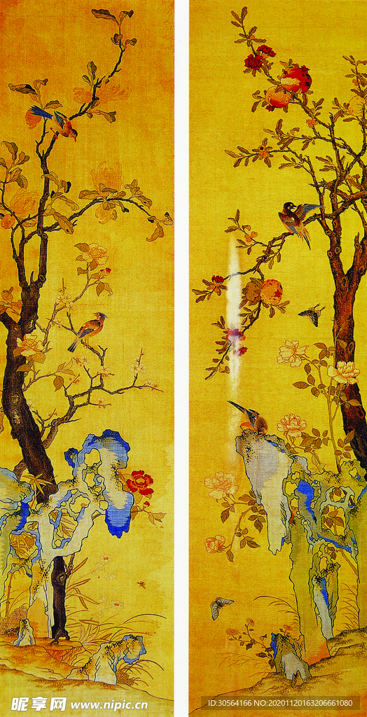 山石工笔画复古传统背景素材