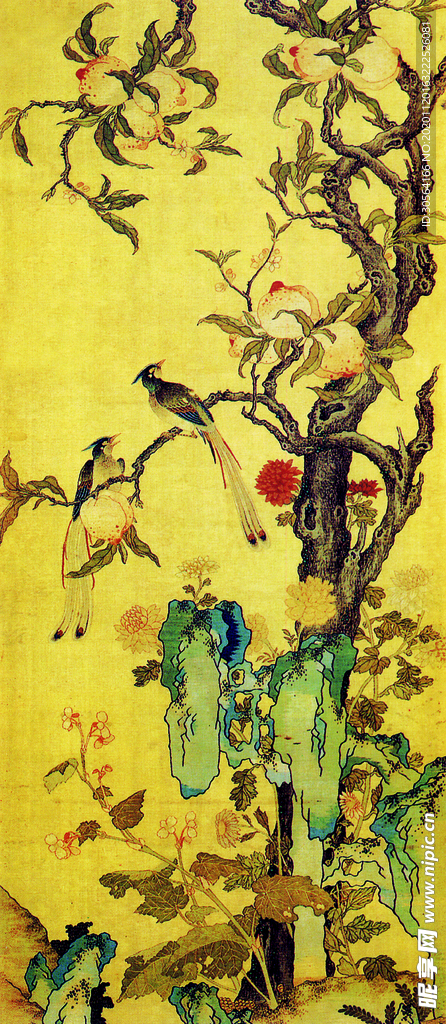 山石工笔画复古传统背景素材