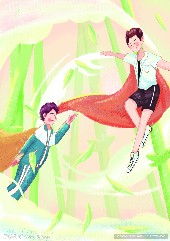 儿童学生超人唯美手绘插画 ps