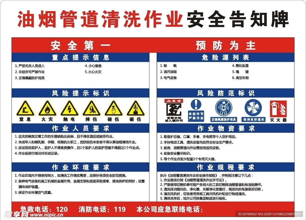 油烟管道清洗作业安全告知牌