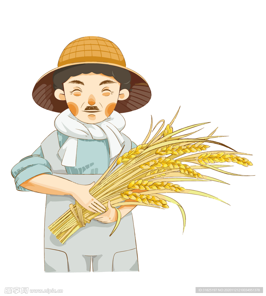 卡通农民抱麦穗丰收喜悦