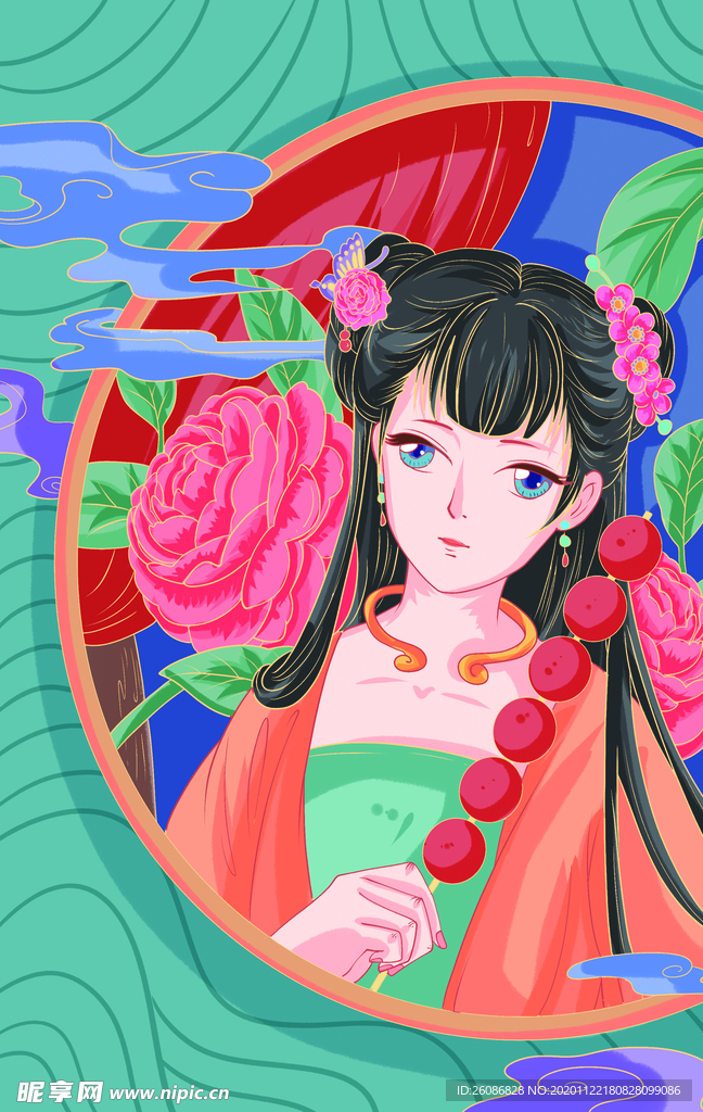 国潮风新年古风美女糖葫芦插画