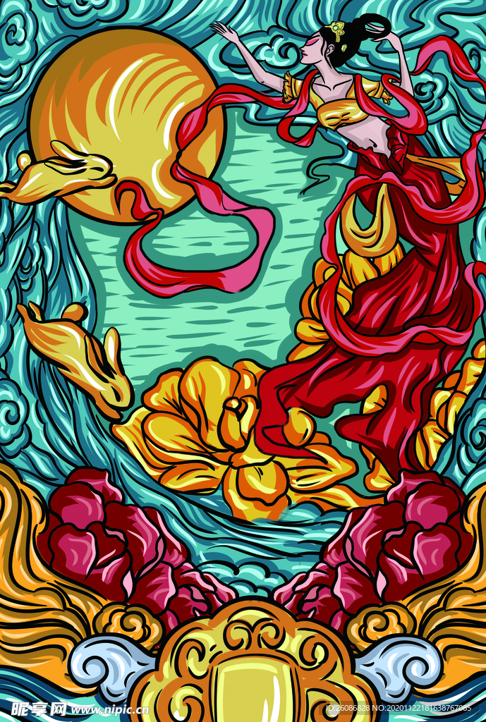 国潮中秋嫦娥奔月插画