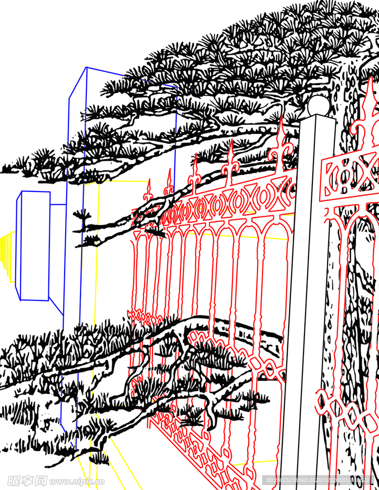 铁栅栏内的松树矢量图