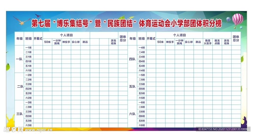 运动会 积分表初中组 运动会汇