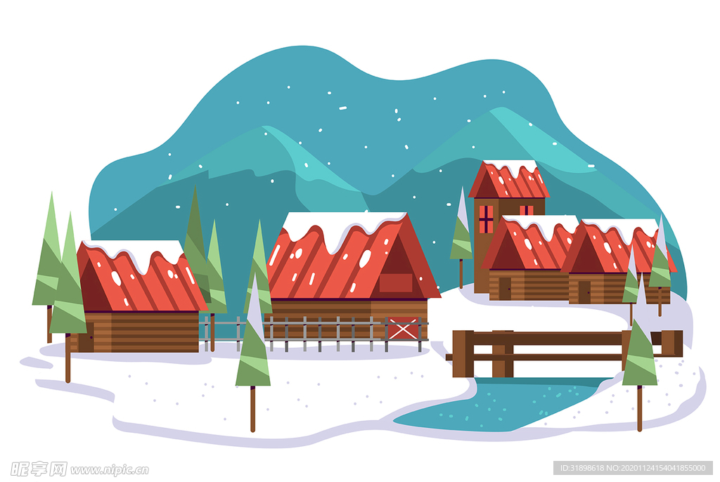 冬季红色房子插画
