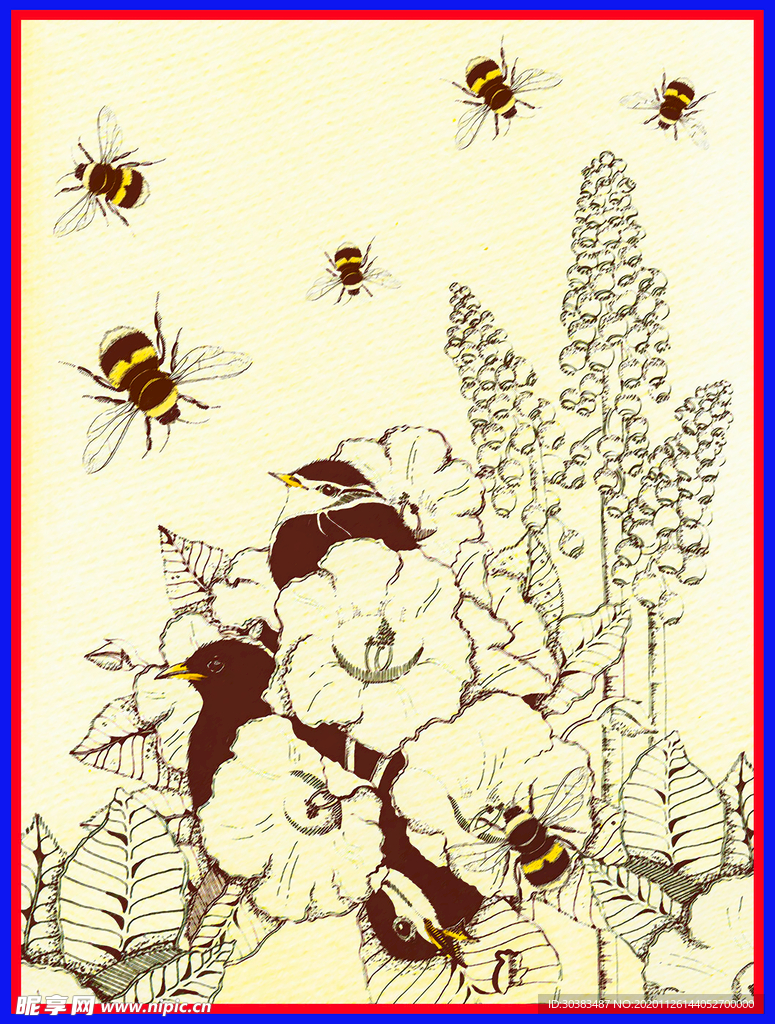 水彩 蜜蜂 蝴蝶花