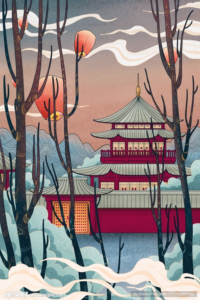 国潮建筑插画