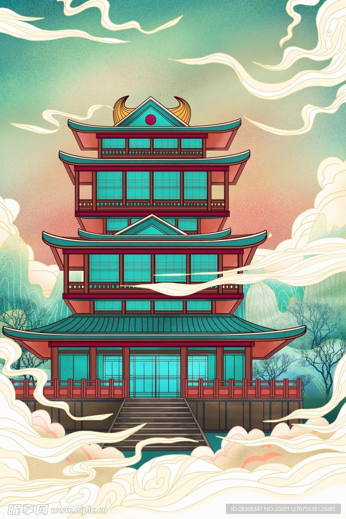 国潮建筑插画