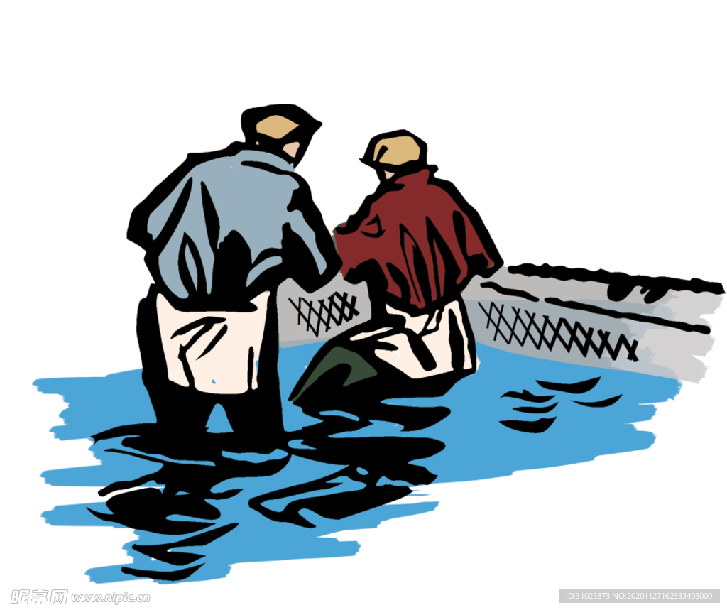 卡通渔民捕鱼插画色彩图