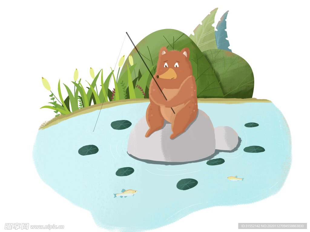 春季小熊钓鱼插画
