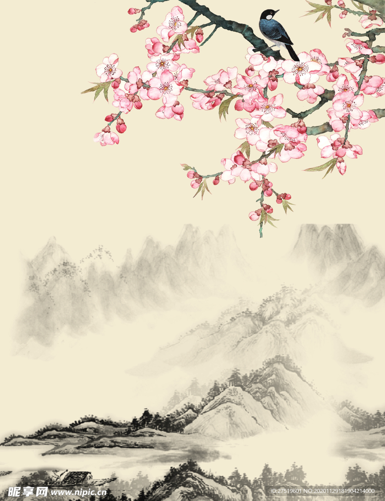 水墨远山梅花