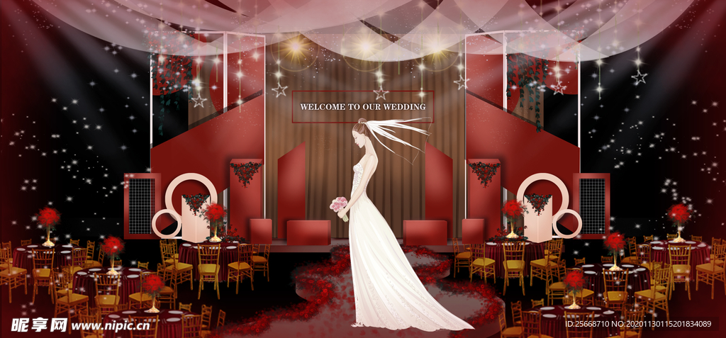 酒红色中式婚礼舞台效果图