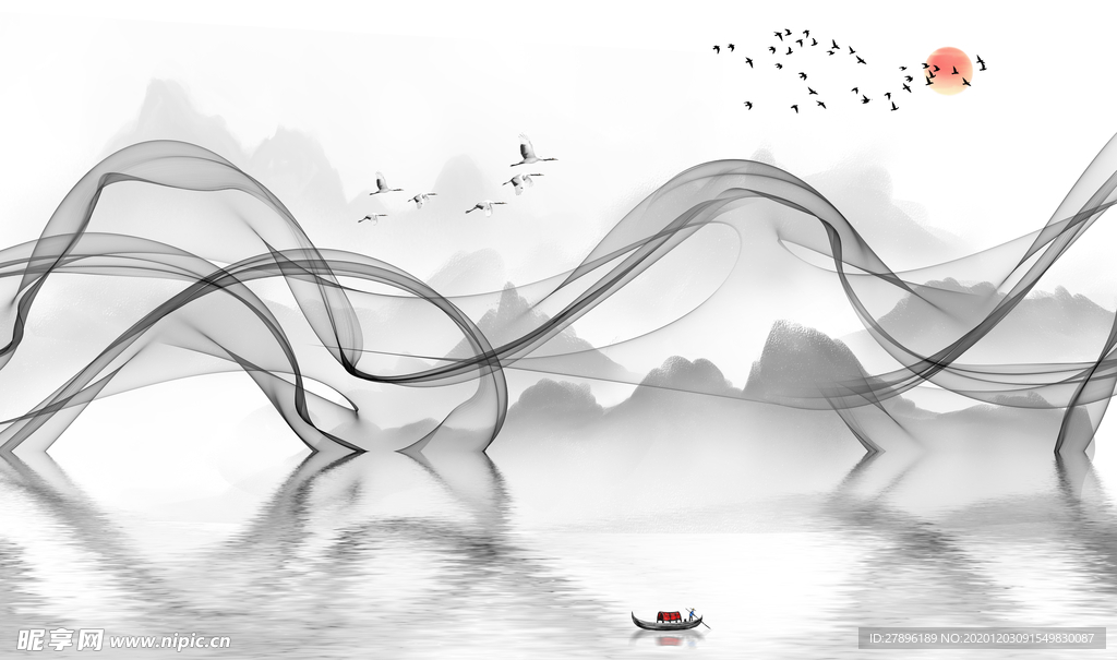 新中式抽象线条山水背景墙