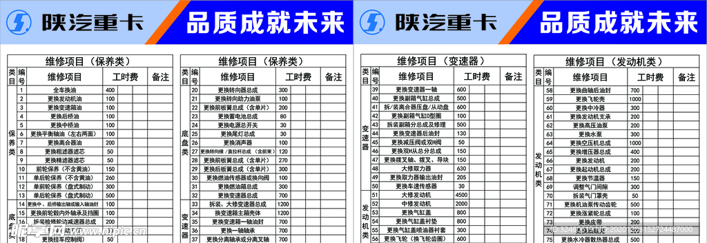 陕汽重卡修理保养价格公示牌