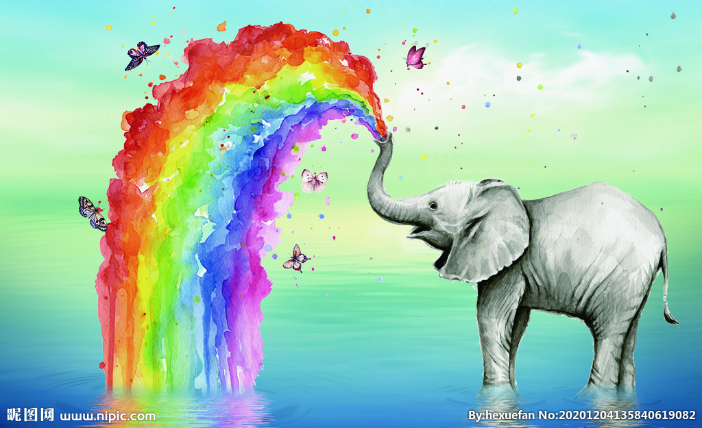 大象水中喷绘彩虹蝴蝶装饰背景图
