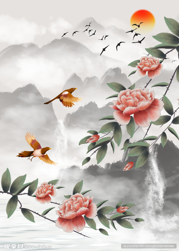水墨牡丹山水画