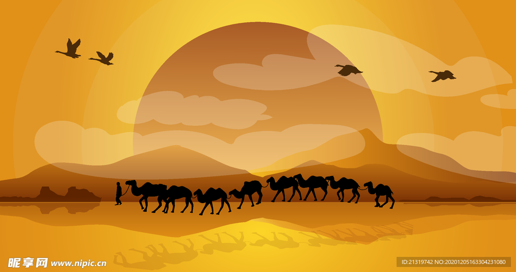 沙漠里夕阳下的骆驼队伍