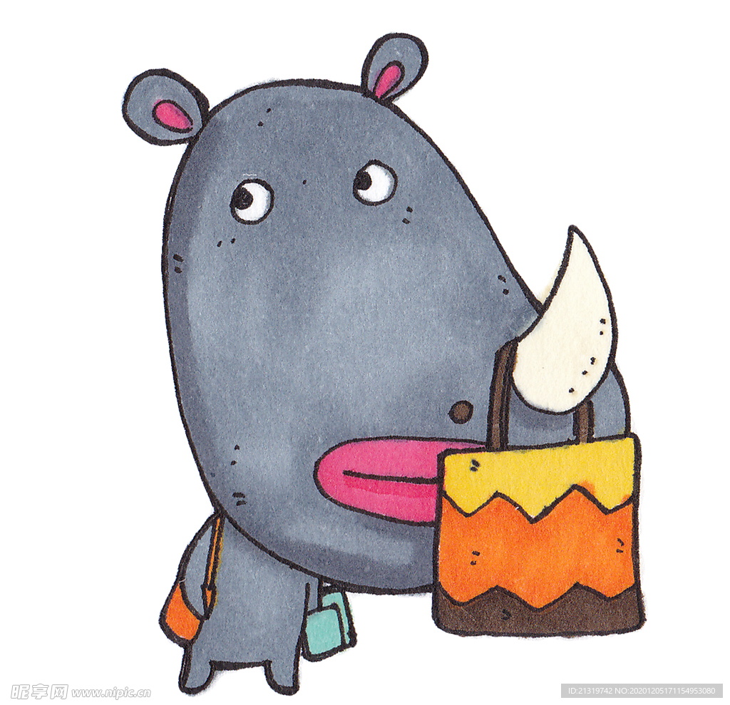 鼻子上挂包包的犀牛插画