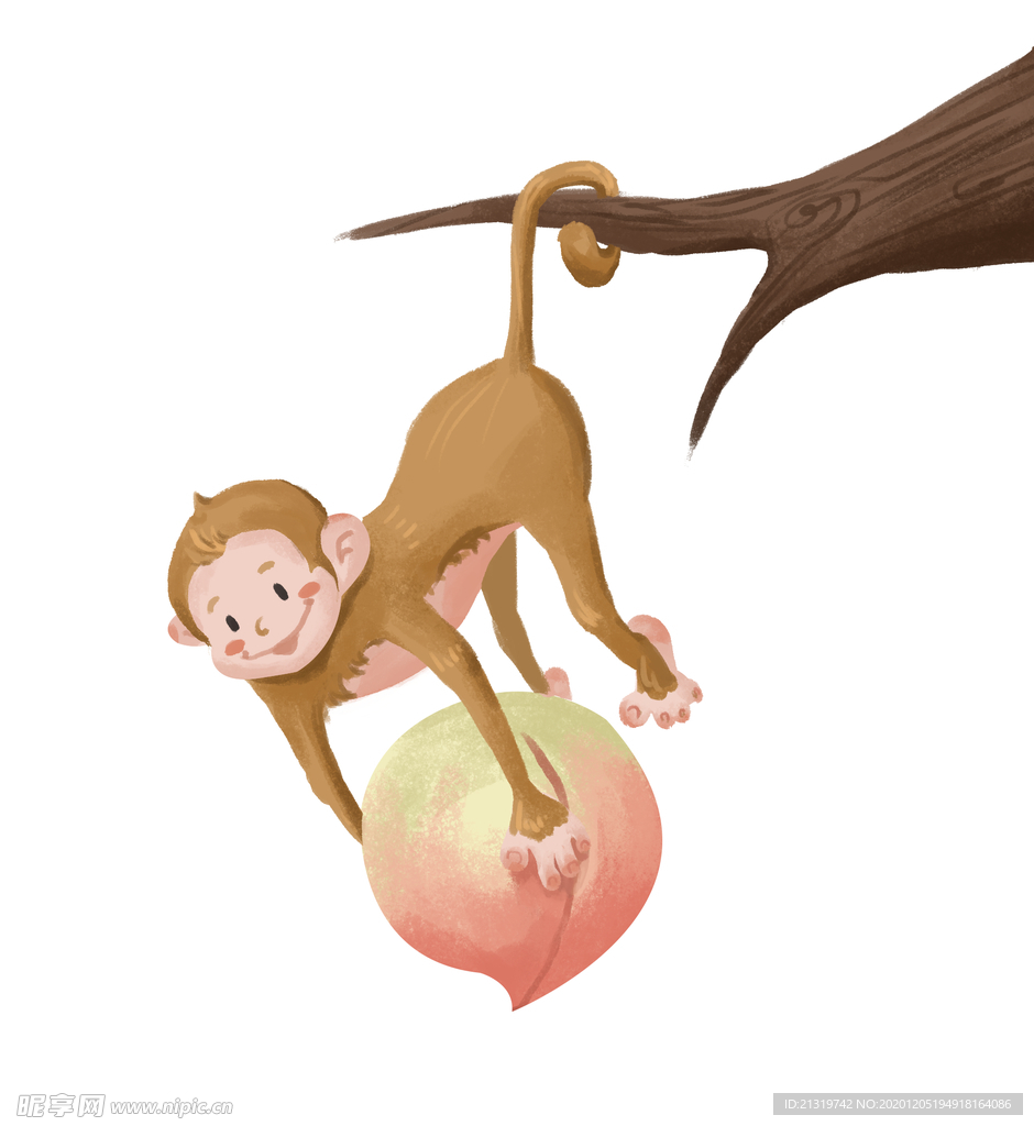 倒挂疏枝抱桃子的猴子插画