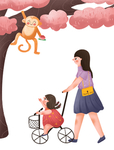 看猴子的女孩和妈妈插画