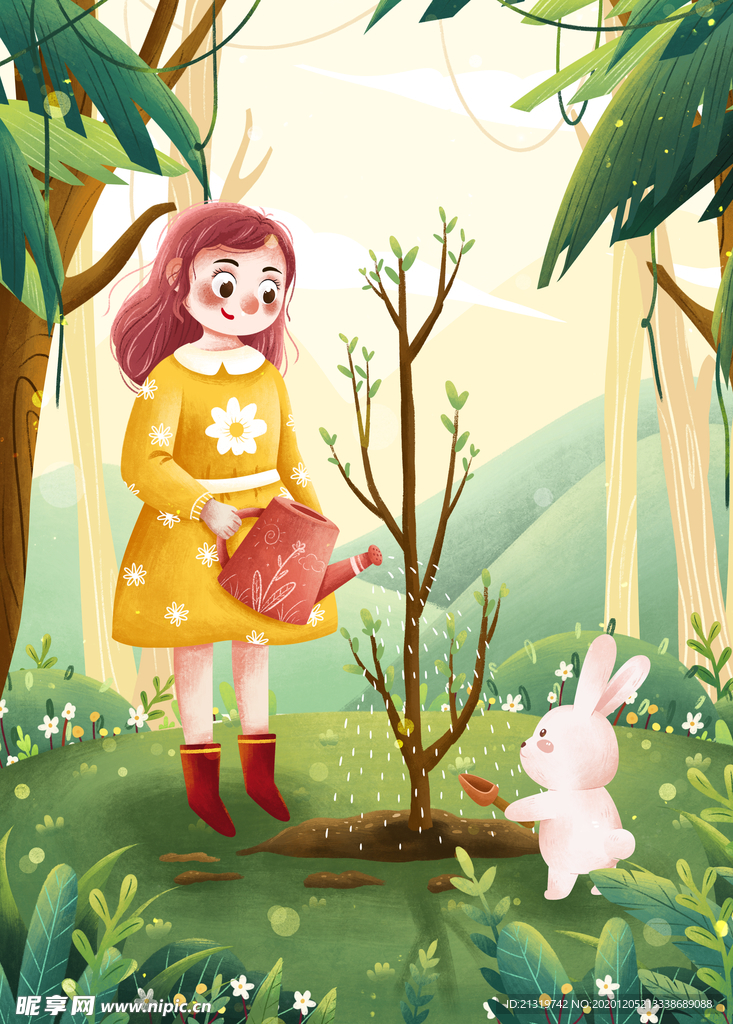 女孩和兔子插画