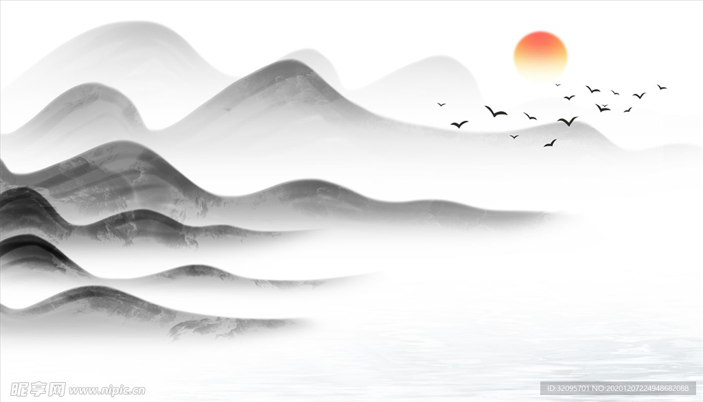 水墨山水 大雁 太阳 背景墙