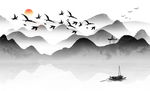 水墨山水 大雁 小船 亭背景墙