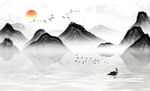 水墨山水小船太阳背景墙