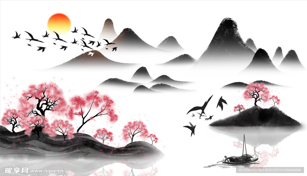 水墨山水大雁太阳背景墙