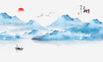 水墨山水 小船 天地人和背景墙
