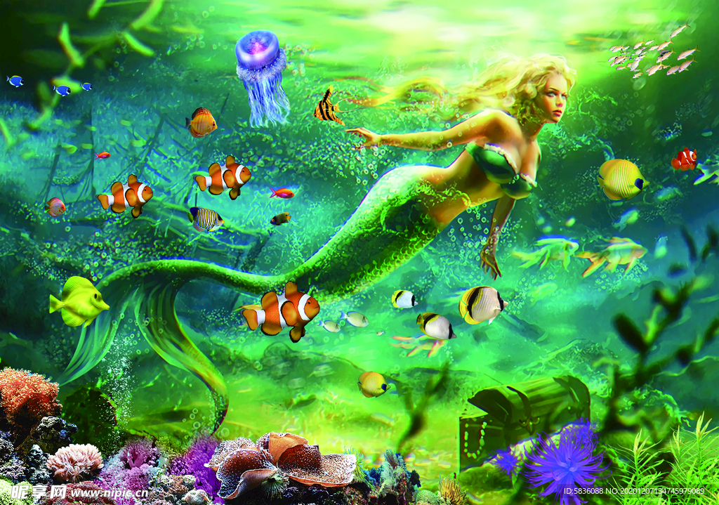 海底世界美人鱼壁纸装饰画背景