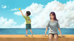 母子海边抓蝴蝶