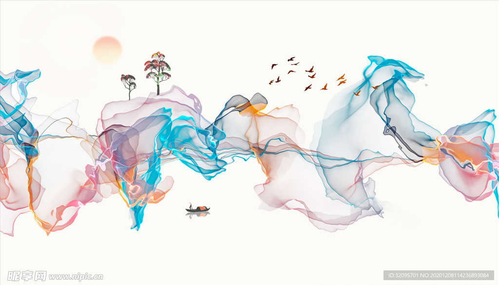 水彩画 飘带 小船 背景墙