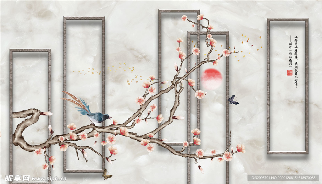 花鸟画 梅花 框框 电视背景墙
