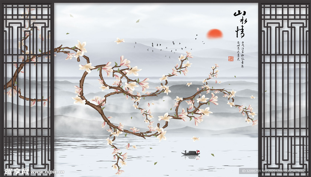 山水画 小船 山水情 背景墙