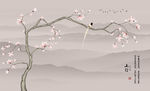 水墨画 玉兰 长尾鸟 背景墙