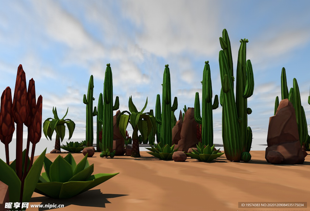 C4D 模型仙人掌石块沙漠