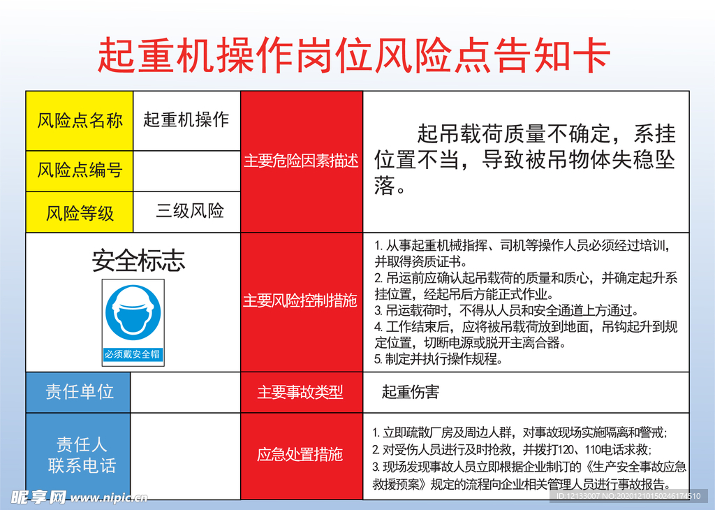 起重机岗位操作风险点告知卡