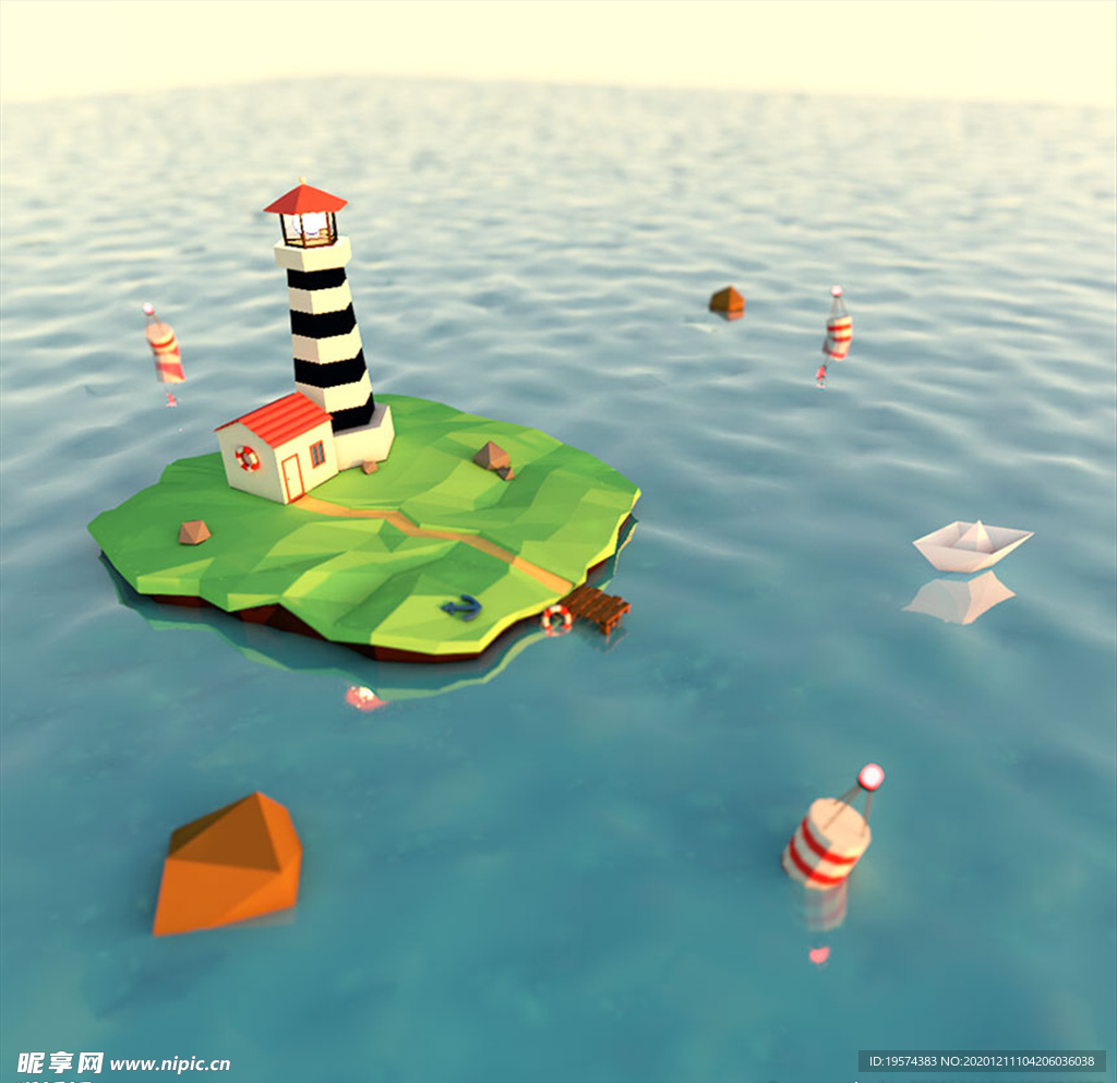 C4D 模型海面上的灯塔房子
