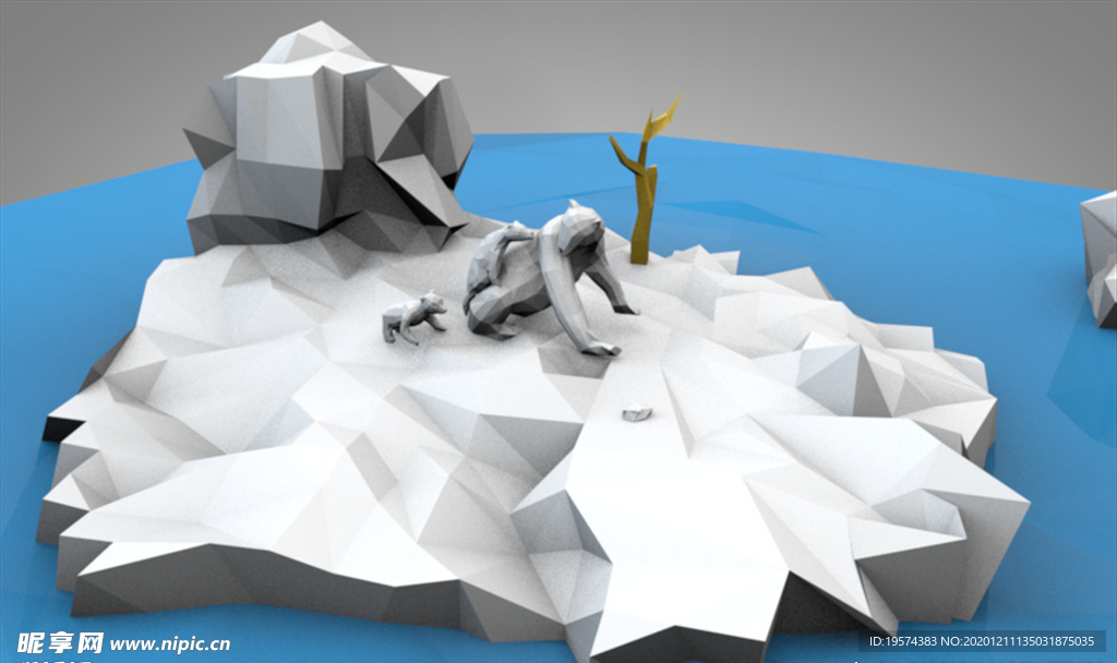 C4D 模型 像素北极熊冰块海