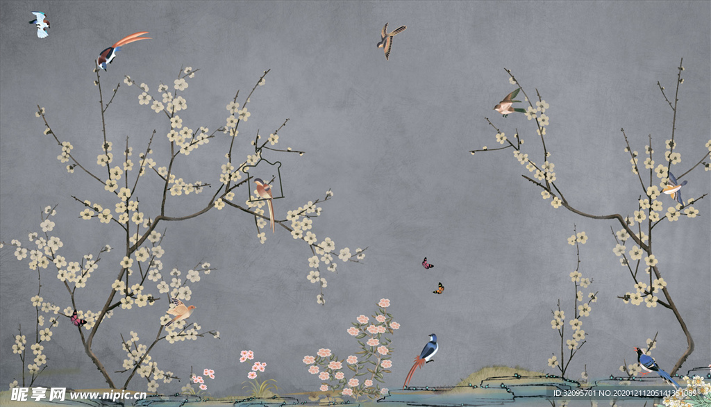 手绘画鸟 梅花 背景墙